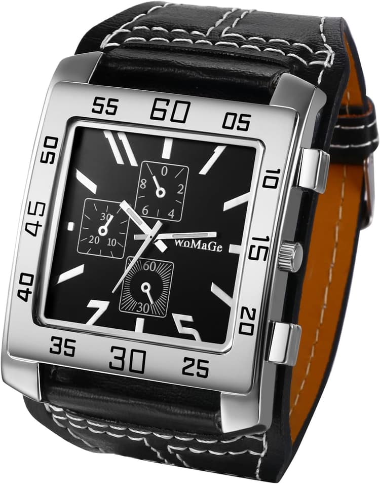 JewelryWe Montre Homme en Cuir Gros Cadran Punk et Rock,Montre Analogique Homme à Quartz,Montre Homme Carré à Aiguilles et Large Bracelet Cuir,1ATM Etanche,Cadeau Homme