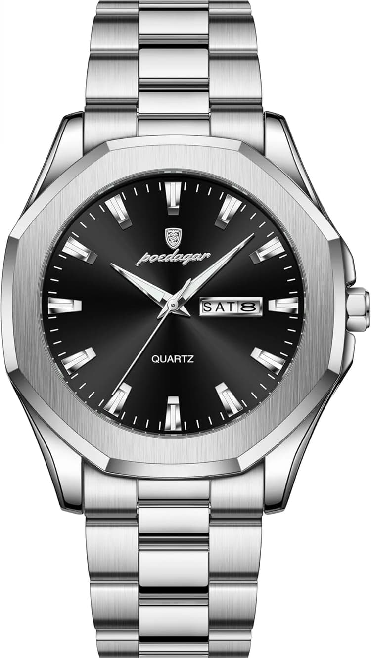 POEDAGAR Montre de luxe décontractée pour homme étanche et lumineuse avec affichage de la semaine et de la date en acier inoxydable