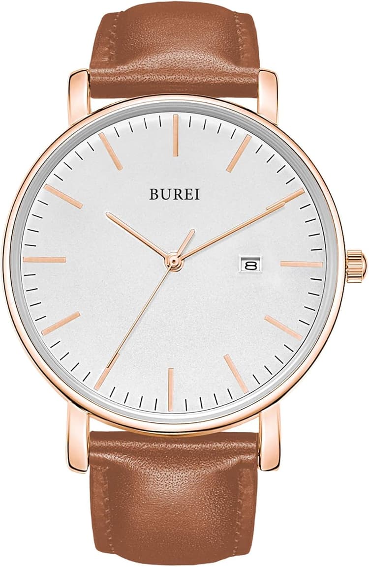 BUREI Ultra Mince Minimaliste Montre Homme Calendrier Chic fenêtre Moderne Simple Grand Cadran Bracelet en Cuir