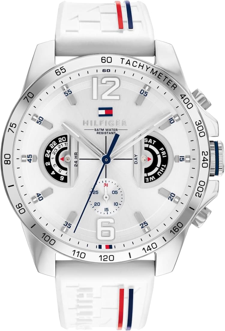 Tommy Hilfiger Montre Analogique Multifonction Quartz pour Hommes avec Bracelet en Silicone, en Acier Inoxydable ou en Cuir, sous-Cadrans pour Le Jour et la Date, Étanche jusqu'à 5ATM