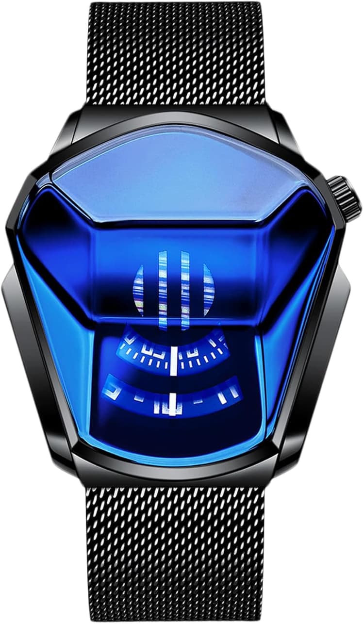 RORIOS Montre Homme Quartz Analogique Montre créatif Montres Bracelet pour Homme en Mesh Acier Inoxydable Sportif Montre Homme, Noir Bleu B, Bracelet