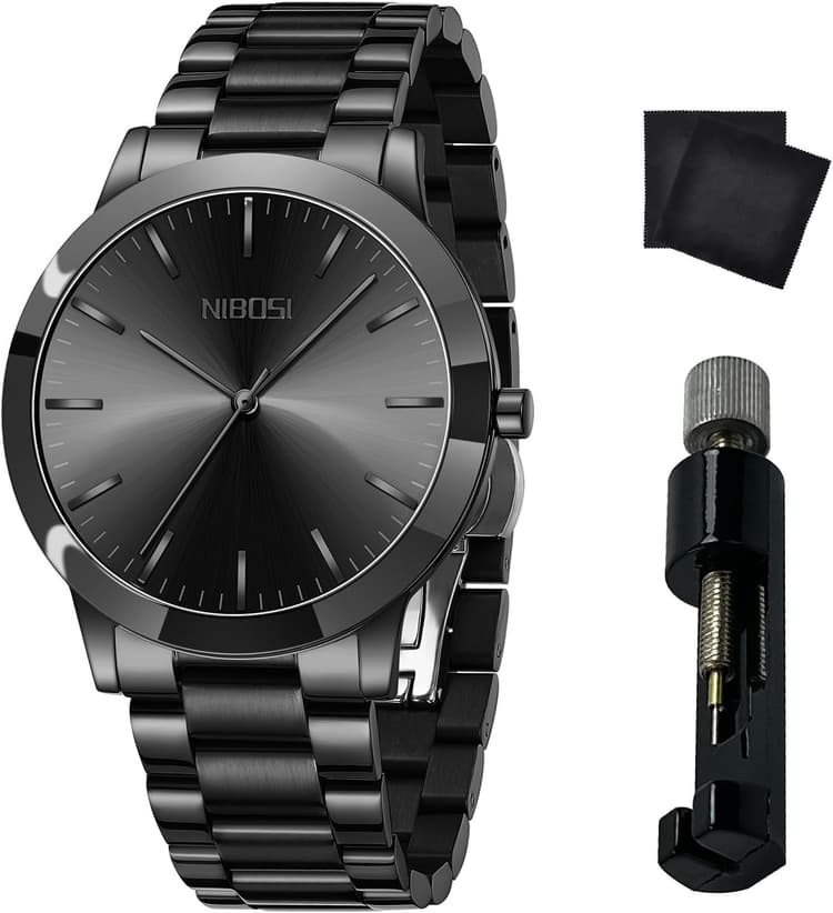 NIBOSI Men Watches Analog Quartz Stainless Steel Black Watches for Men Waterproof Business Classic Watch Fashion Minimalist Ultra Thin Wrist Watch for Work and Casual Wear