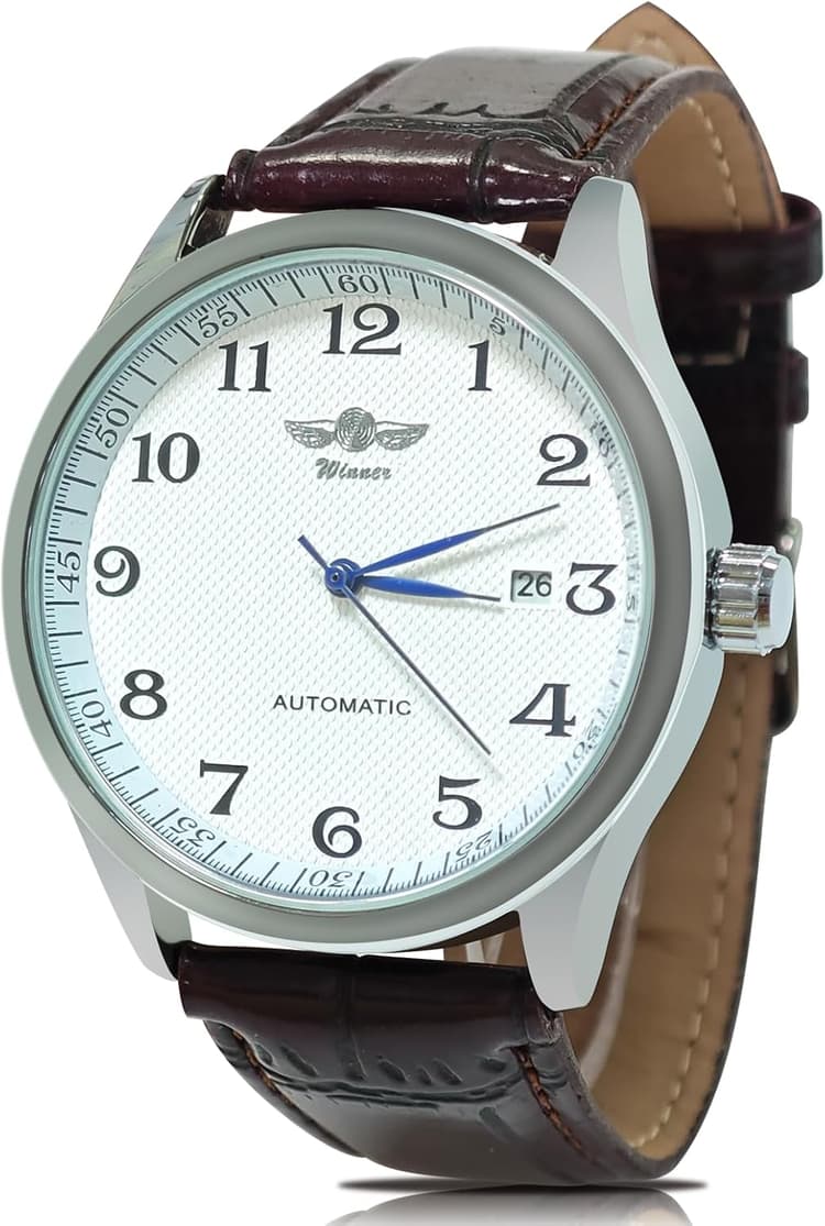Gute Classic Winner Montre mécanique pour homme avec cadran blanc et aiguilles bleues - Bracelet en polyuréthane - Remontage automatique