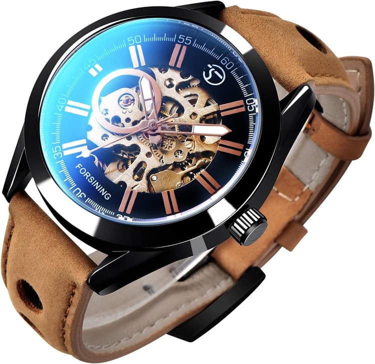 Gute Montre Automatique pour Homme, Montre-Bracelet Mécanique Automatique avec Rouages Apparents, Cadran Analogique, Sport Décontracté, Bracelet en Cuir Marron