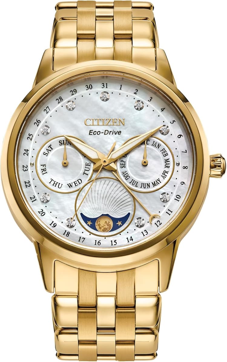Citizen Women's Eco-Drive Calendrier, Moon Phase Diamond Accents Dial, Stainless Case and Bracelet Watch, Month/Day/Date