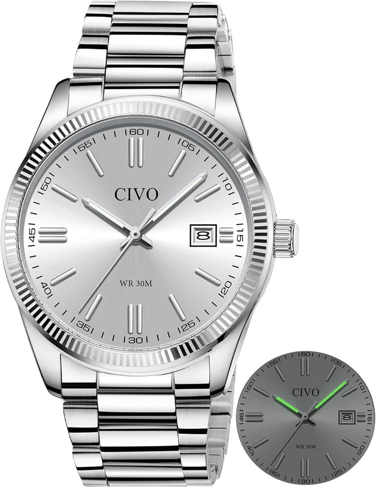 CIVO Montre Homme Business Analogique: Montre Quartz Etanche en Acier Inoxydable ou Cuir - Cadran Clair avec Aiguilles Lumineuses et Affichage Date pour Hommes d'affaires Professionnels