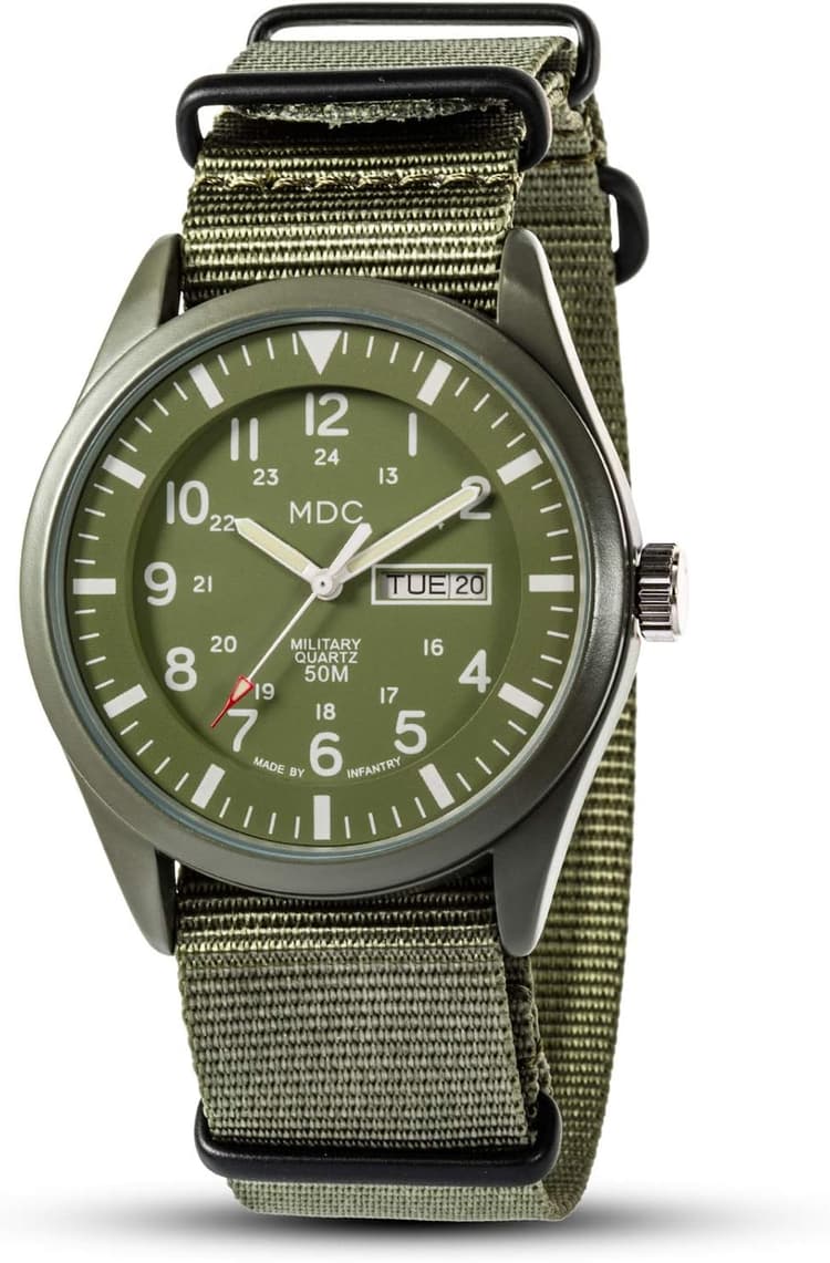 Infantry Mens Military Watch, Vietnam Style Field Watches for Men, Tactical 12/24H Military Time Analog Watch, Waterproof Day Date Quartz Wristwatch w/Green Nylon Band, Work Watch for Man