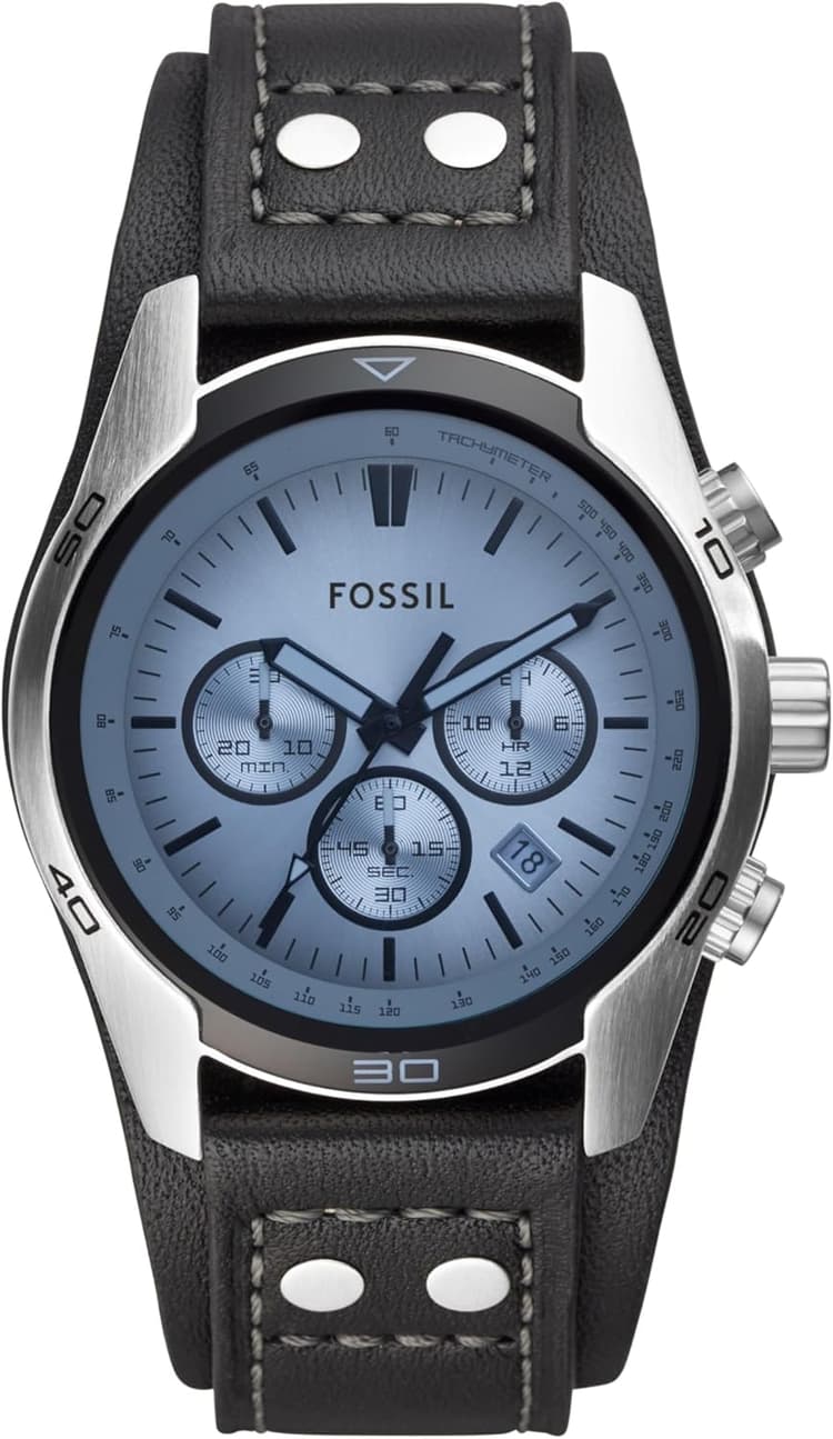 FOSSIL Montre pour Homme Coachman, Mouvement chronographe à Quartz, boîtier en Acier Inoxydable argenté de 45 mm avec Bracelet en Cuir véritable, CH2564