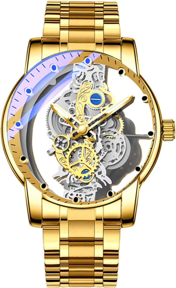 FORSINING Montre analogique à quartz pour homme - Montre squelette transparente en acier inoxydable - Cadran de luxe - Étanche et lumineuse