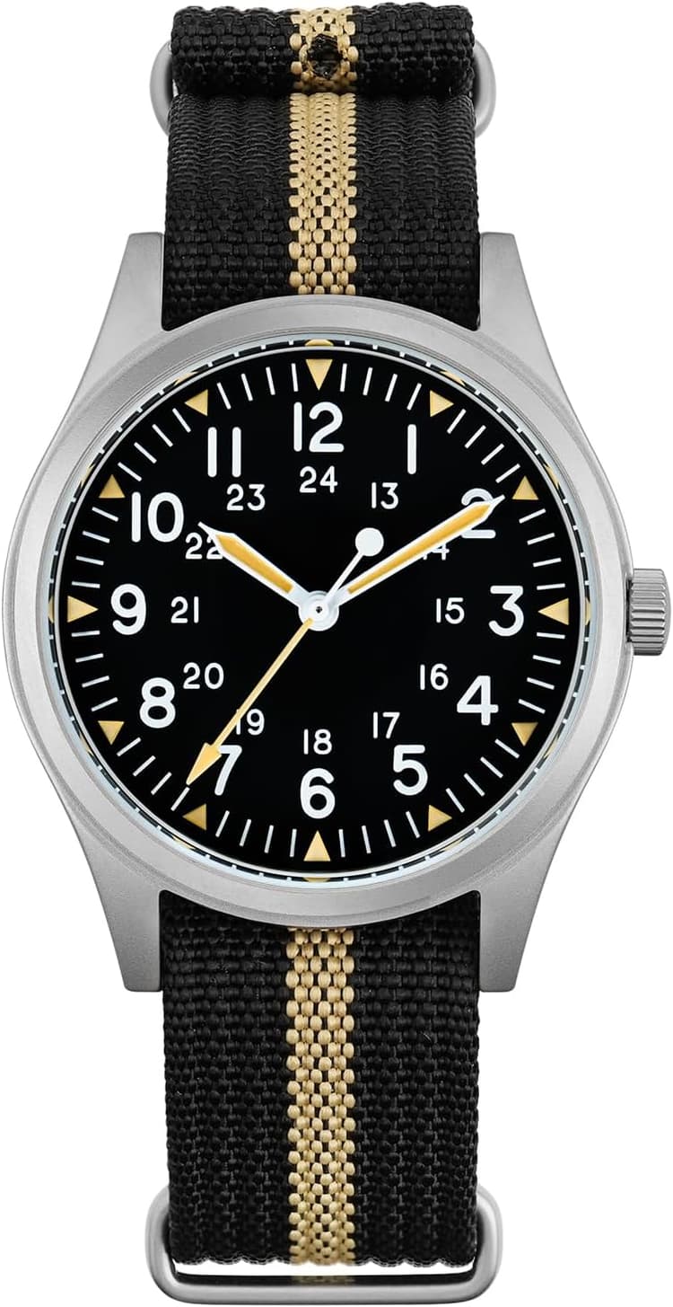 TACTICAL FROG Militado Miyota Super 2035 Montre militaire pour homme, mouvement japonais, étanche à 100 m, cadran noir mat vintage avec C3 Lumineux, bracelet en nylon