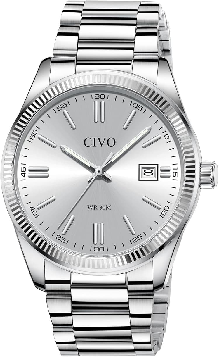 CIVO Analog Mens Watches Silver: Wrist Watches with Date Easy to Read - Dress Stainless Steel Watch for Men Gifts for Husband Father at Birthday Anniversary