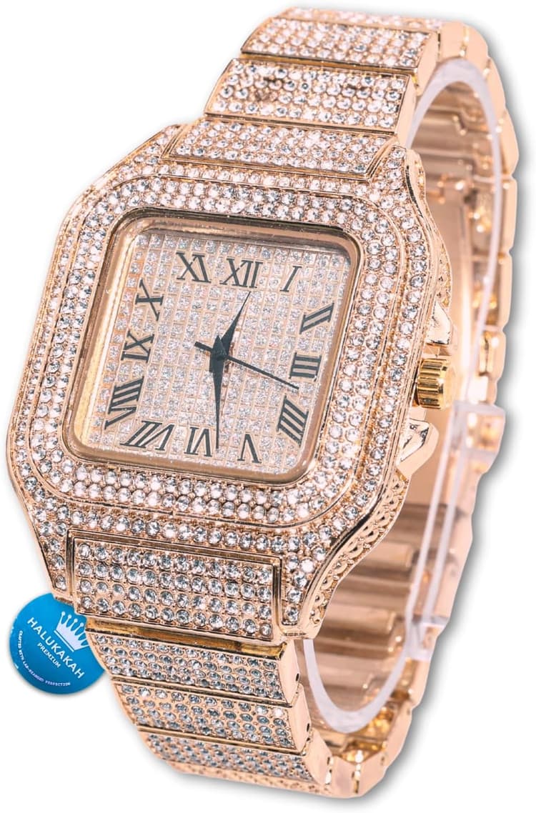 HALUKAKAH Diamants Montre en Or,Homme Plaqué Or 18K/Or Rose/Rhodium Noir/Plaqué Platine Or Blanc 40MM Largeur Cadran Carré Quartz avec Chaîne Cubains Bracelet Collier,avec Boîte Cadeau