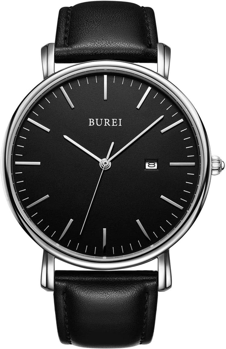 BUREI Ultra Mince Minimaliste Montre Homme Calendrier Chic fenêtre Moderne Simple Grand Cadran Bracelet en Cuir