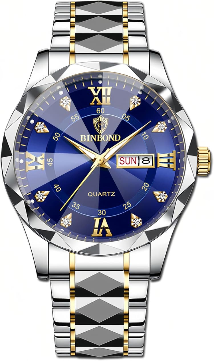 Gosasa Luxury Men's and Women's Business Diamond Stainless Steel Waterproof Roman Numeral Analog Quartz Watch with Day-Date Calendar, Gold and Silver Tone