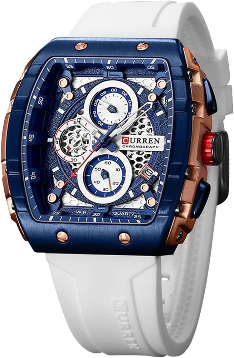 FORSINING Montre analogique à quartz pour homme - Grand cadran rectangulaire - Bracelet en silicone - Étanche - Calendrier - Date