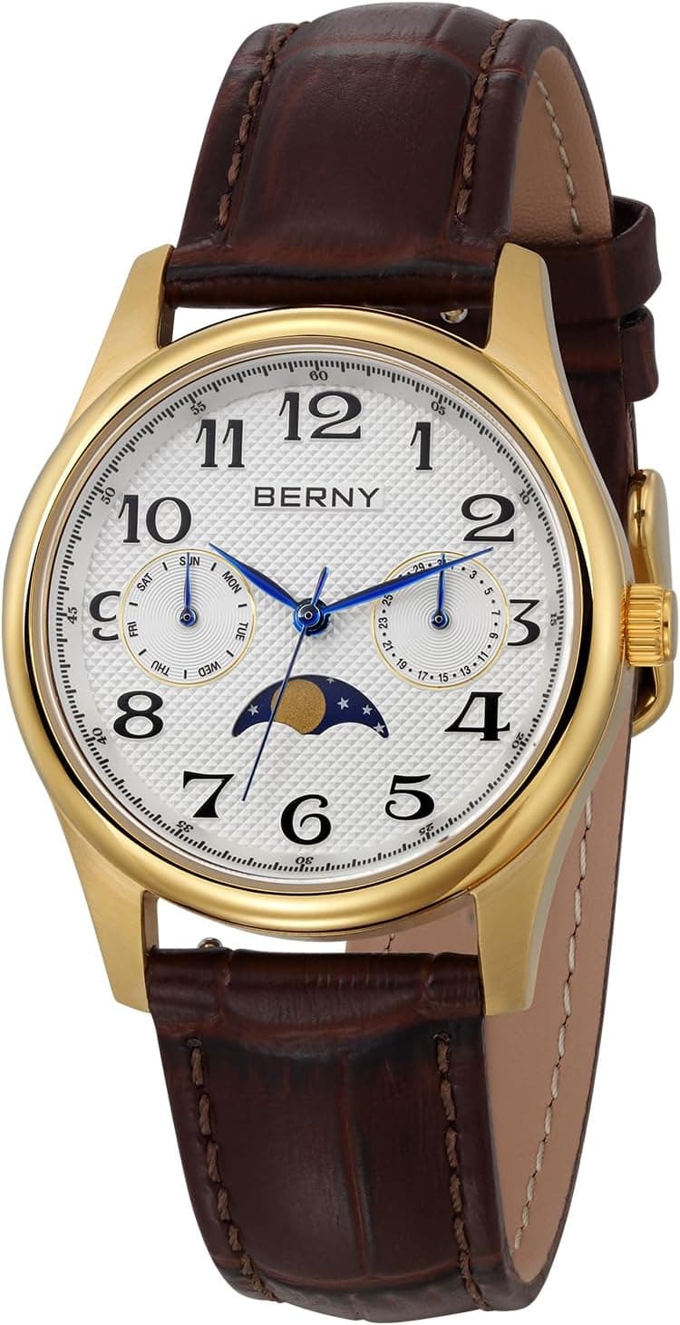 BERNY Montre à Quartz pour Femmes Montres à Phases de Lune Montre-Bracelet pour Dames Cadran à Chiffres Arabes Facile à Lire Montres Analogiques Sub-dail Svec Date Calendrier Journalier