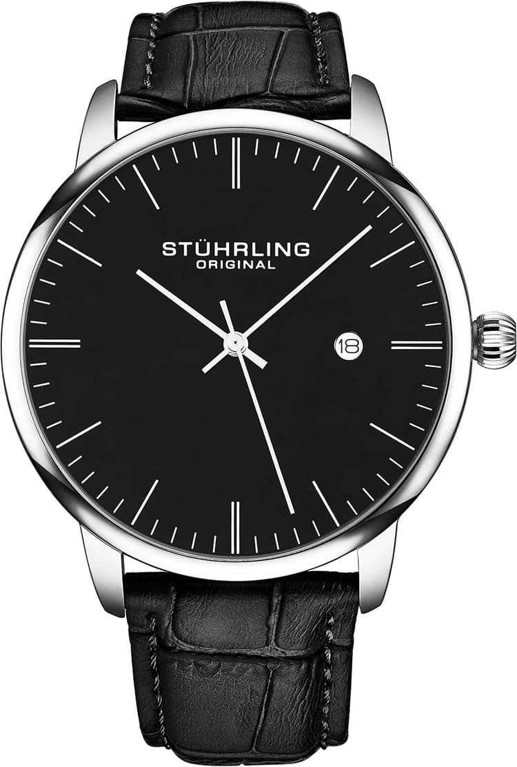 Stuhrling Original Men’s Watch Black Dial Dress Watch 40mm, Ultra Slim Mens Watch Black Leather Strap, Quartz Analog Men’s Wrist Watch, Classic Minimalist Watch for Men