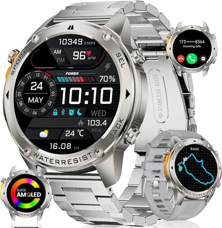 LIGE GPS Montre Connectée Homme, Boussole Smart Watch, 1.43" AMOLED/600mAh/170+ Modes Sportifs Montre GPS Intégré, IP68 Mode Natation Etanche Podomètre, Smartwatch pour iOS Android, Argent