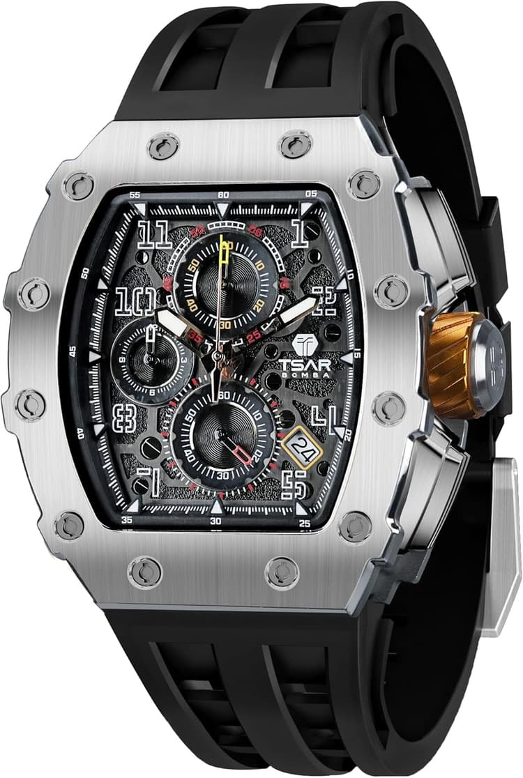 TSAR BOMBA Automatikuhr für Herren Luxuriöse Skelettuhr Tonneau für Herren Mechanische Uhr, Wasserdicht BIS 50 Meter Analoguhr