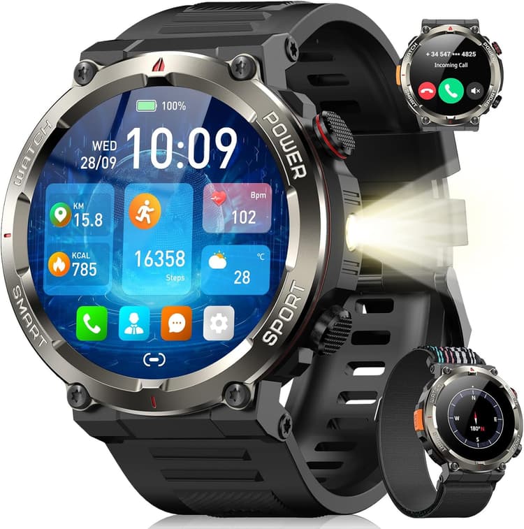 Blackview Montre Connectée Homme, Illumination,Batterie 100 Jours, Écran Tacile 1.45" TFT, Appel Bluetooth, Cardiofréquence, Analyse Sommeil, 100+ Modes Sport,Étanche IP68, pour iOS Android