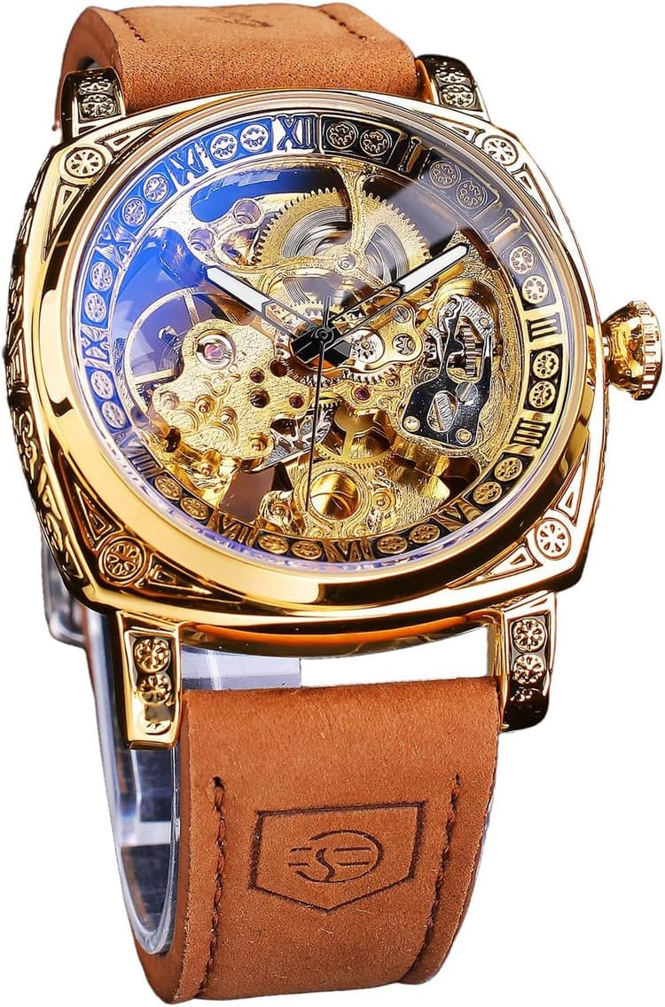 FORSINING Montre Homme Mécanique Automatique Carrée Squelette Dorée, Bracelet en Cuir Vintage Style Rétro, Étanche, Montre Bracelet Classique pour Homme