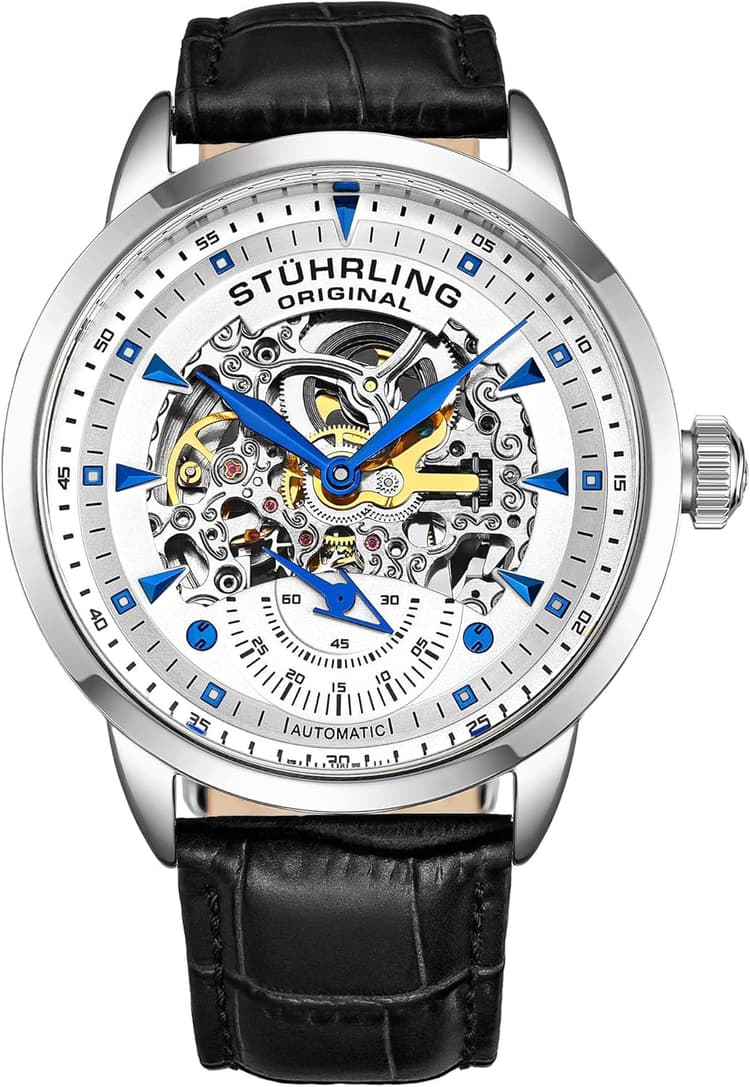 Stuhrling Original Mens Skeleton Automatic Dress Watch with Alligator Embossed Leather Strap Skeleton Dial