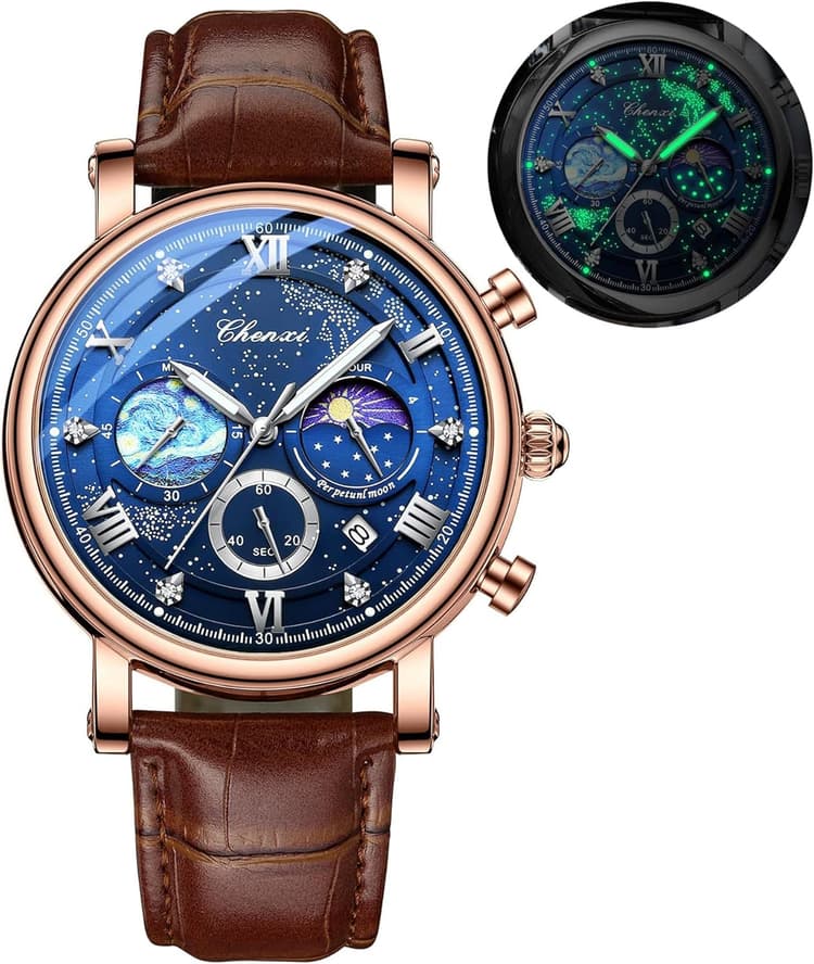 FANMIS Men's Classic Multifunctional Military Sports Analog Watch Business Dress Waterproof Luminous Chronograph Starry Sky Moon Phase Leather Wristwatch