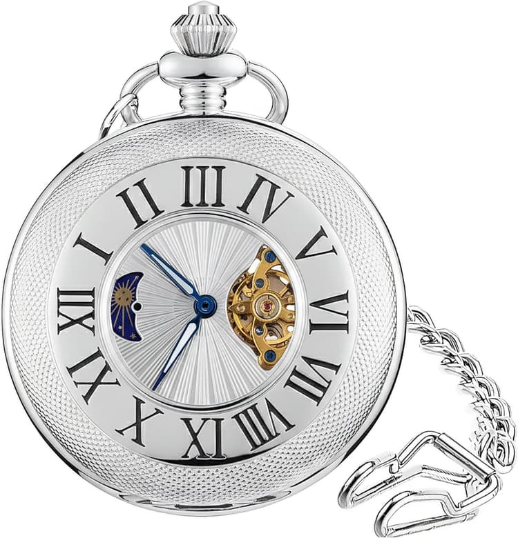 HOUSIA Vintage Mechanical Pocket Watch for Men - Moon Phase & Imitated Tourbillon Design, Skeleton Face with Bold Numerals, Antique Silver Metal Case with Chain, Premium Keepsake Gift for Dad/Husband