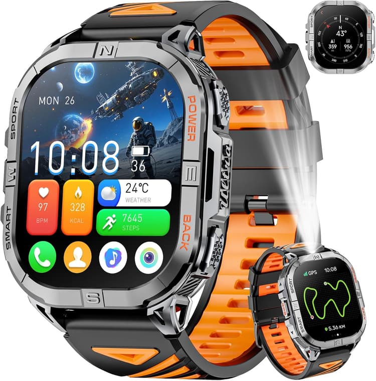 GPS Montre Connectée Homme, 2,13" AMOLED Militaire Smartwatch avec Torche LED/Boussole/100+ Modes Sportifs/580mAh Batterie/Surveillance Santé/Appels Bluetooth pour Android iOS (Noir)
