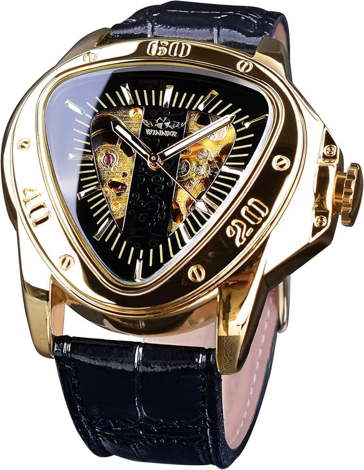 FORSINING Winner Montre mécanique Tendance avec Cadran Triangulaire et Cadran Squelette doré Mouvement Automatique Design Cuir pour Homme