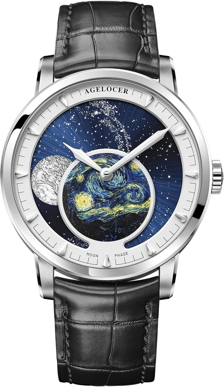 AGELOCER Moon Phase Watch Original Design, Automatic Mechanical Watches for Men, Leather Strap Waterproof Dress Watch Mens Gift