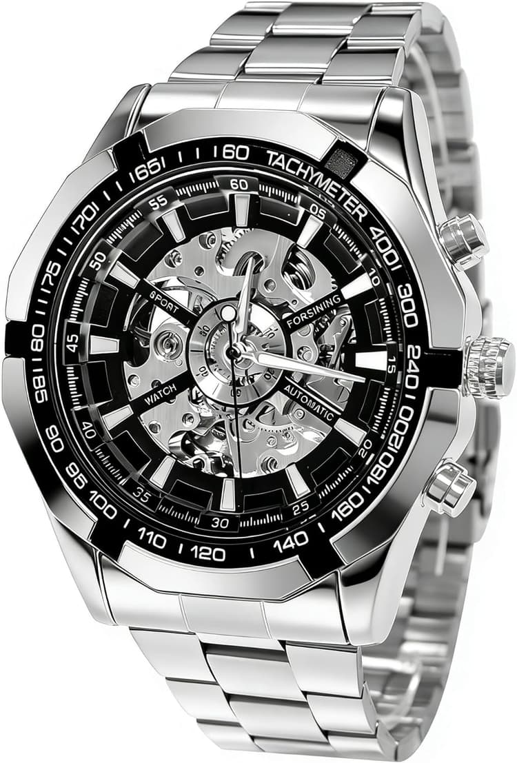 Gute Mens Watches, Mechanical Skeleton Stainless Steel Waterproof Automatic Self-Winding Watch for Men, Luxury X Dial Steampunk Wrist Watch