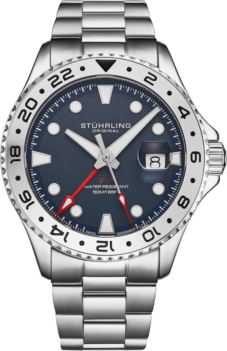 Stuhrling Original Equinox GMT 4077 Men’s 43mm Quartz GMT Watch – Dual-Time Movement, Bi-Directional Bezel, Stainless Steel Bracelet