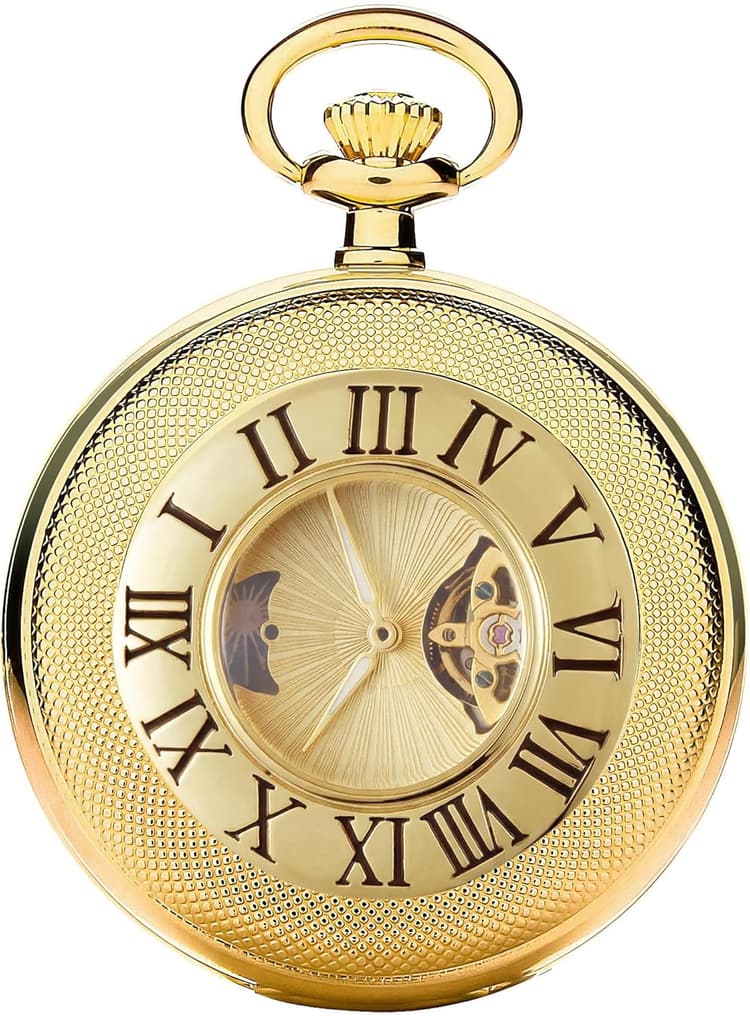 HOUSIA Vintage Mechanical Pocket Watch for Men - Moon Phase & Imitated Tourbillon Design, Skeleton Face with Bold Numerals, Antique Silver Metal Case with Chain, Premium Keepsake Gift for Dad/Husband