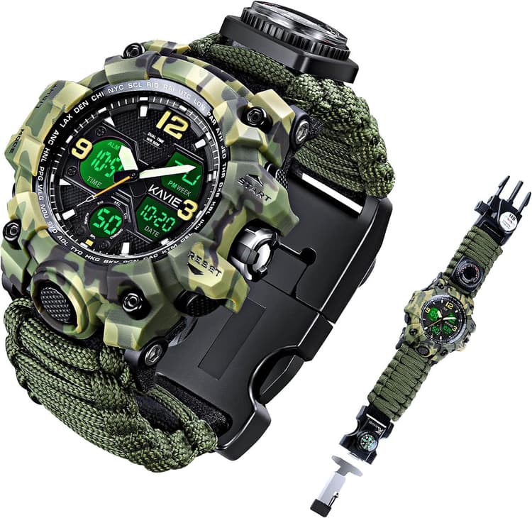 Mens Tactical Military Digital Watch, 23-in-1 Survival Multi-Functional Army Outdoors Waterproof Camouflage Sports Watches Dual Display Analog LED Electronic Wristwatches with Compass Paracord Band