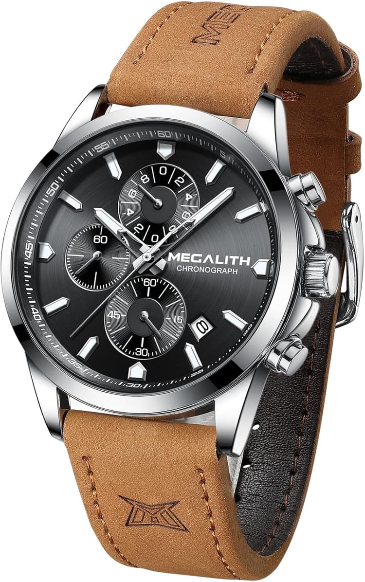MEGALITH Montre Homme Argent Acier Etanche Montres Chronographe Analogique Quartz Montre Bracelet Homme Mode Lumineux Calendrier