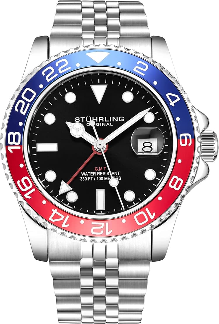 Stuhrling Original Men's Stainless Steel Jubilee Bracelet GMT Watch Quartz - 42mm Quartz Analog Wrist Watch for Men, Mens Quartz Watch, Stainless Steel Case, Casual Work Watch, Water Resistant Watch
