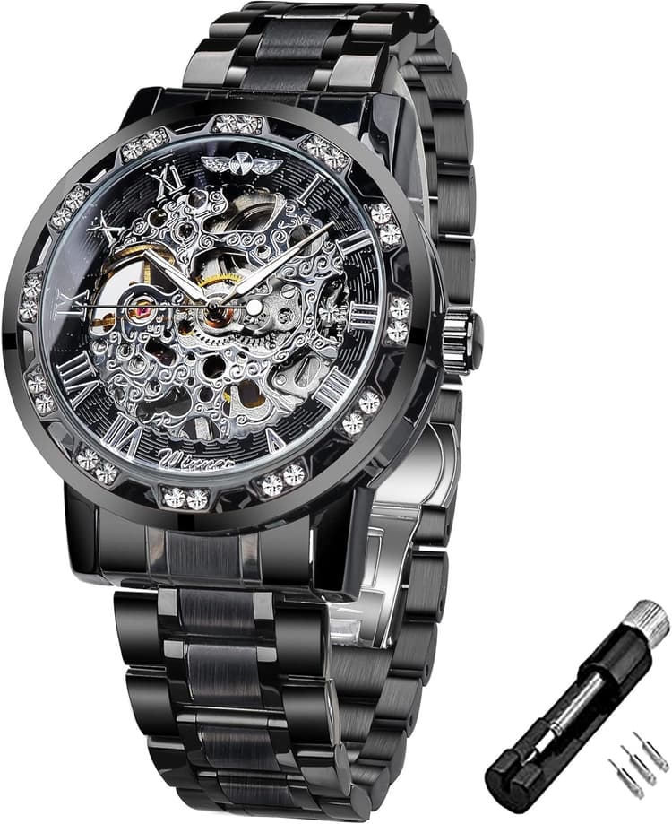 FORSINING Winners Vintage Montres mécaniques, Gravure de Diamants et de Fleurs, Hommes Classique Manuel Squelette Montre Chiffres Romains, Noir/Or, Montres
