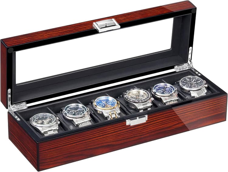 Bewishome Boîte à montres Haut de Gamme, Boîtier en Bois à 6 Emplacements, Grand Couvercle en Verre, Organisateur de Montres Luxe pour Homme