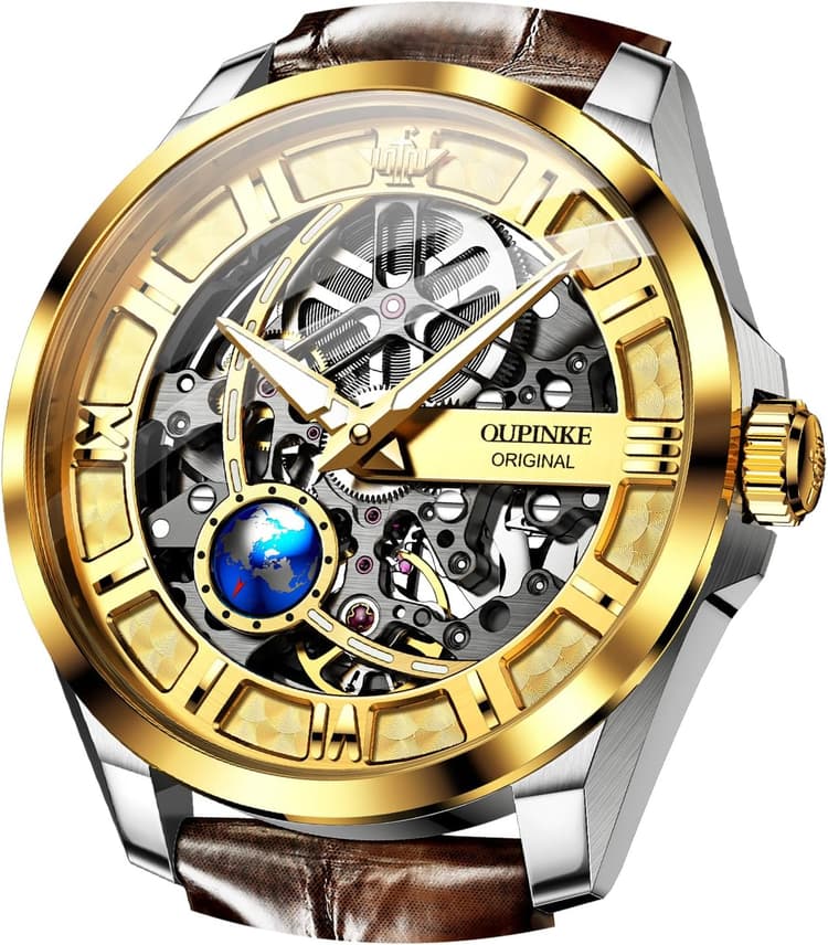 OUPINKE Skeleton Mens Automatic Watches Mechanical Luxury Dress Leather Self Winding Waterproof 50M/5ATM Luminous Watches for Men