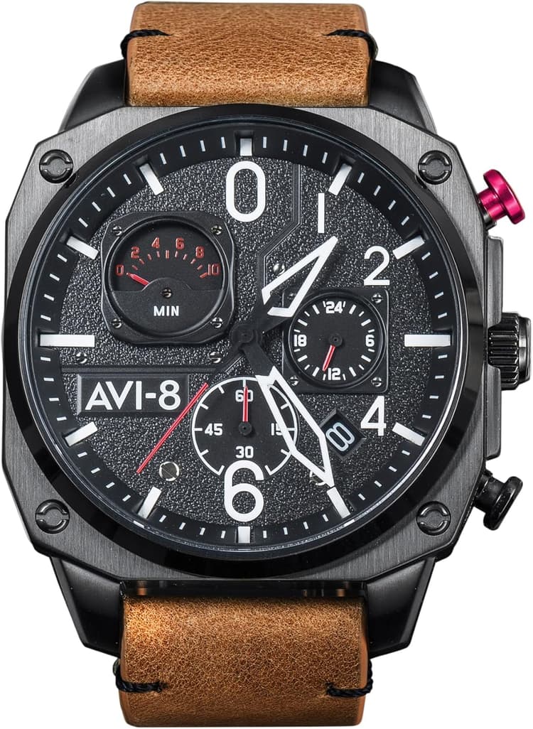 AVI-8 Hawker Hunter Montre pour Homme – Boîtier en Acier Inoxydable de 45 mm, Mouvement à Quartz Japonais, Bracelet en Cuir, Chronographe Rétrograde Militaire, Brun Charbon Ambré - AV-4052-02