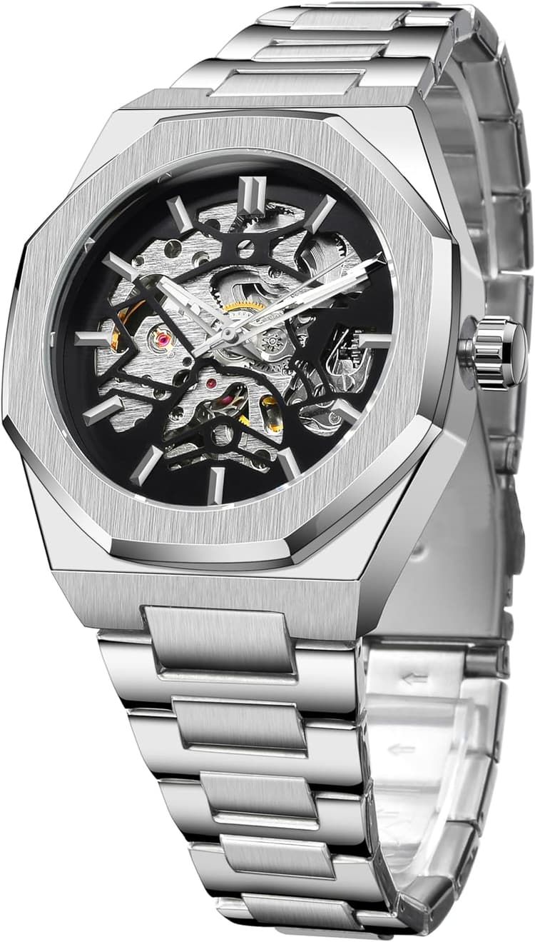 FORSINING Montre automatique, montre mécanique pour homme, octogonale, étanche, à la mode, montres squelette uniques, bracelet en acier inoxydable argenté de luxe
