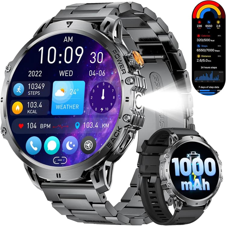 LIGE Montre Connectée Homme avec 1000mAh/1,85'' HD Grand Écran/LED Lampe,Smartwatch Homme avec Moniteur de Fréquence Cardiaque et Sommeil/110+ Modes Sportifs,IP68 Étanche Android iOS,Noir