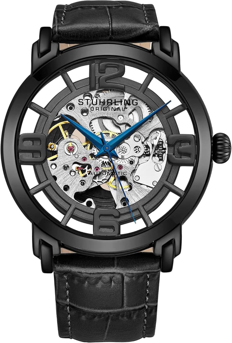 Stührling Original Men’s Skeleton Automatic Watch – Winchester 44 Elite, Stainless Steel Case, Mechanical Movement, Leather Strap