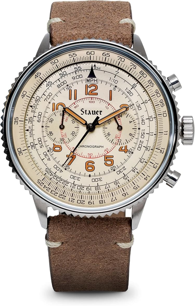 Stauer Co-Pilot Men's Chronograph Watch with Stainless Steel Case and Brown Leather Band