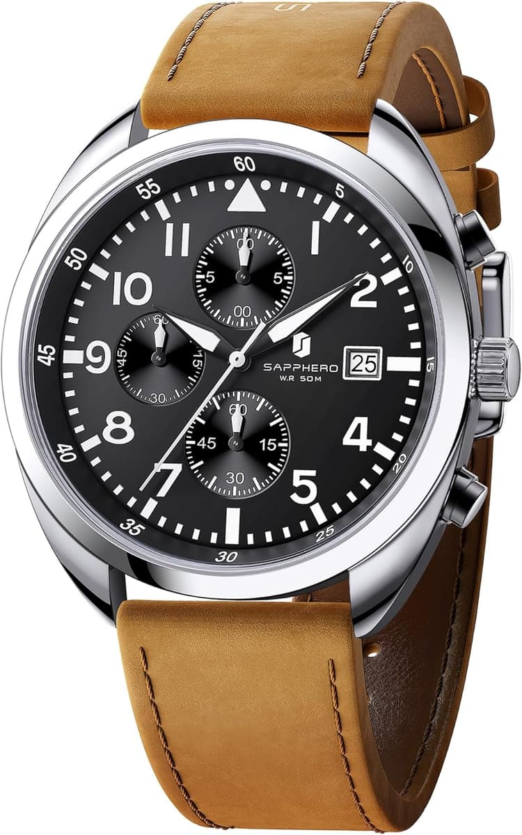 SAPPHERO Montre pour Homme : Bracelet en Cuir, Montre Classique pour Homme d'affaires, Cadran à Chiffres Arabes, Excellente lisibilité — Montre à Quartz élégante avec Fonction chronographe