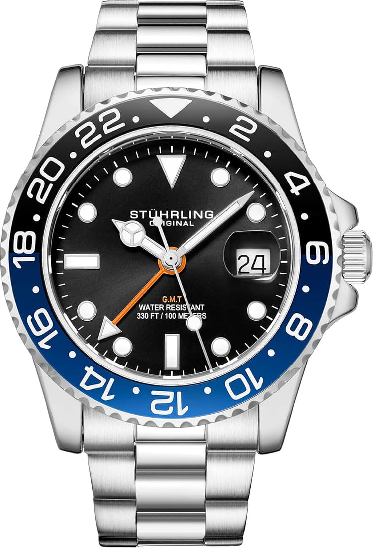 Stuhrling Original - Bracelet en Acier Inoxydable pour Homme, Montre GMT, Double Fuseau horaire - Date de réglage Rapide avec Couronne vissée, résistant à l'eau jusqu'à 10 ATM