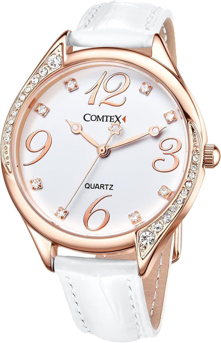 COMTEX Montre pour femme avec grand cadran blanc et strass et bracelet en cuir blanc (or rose)