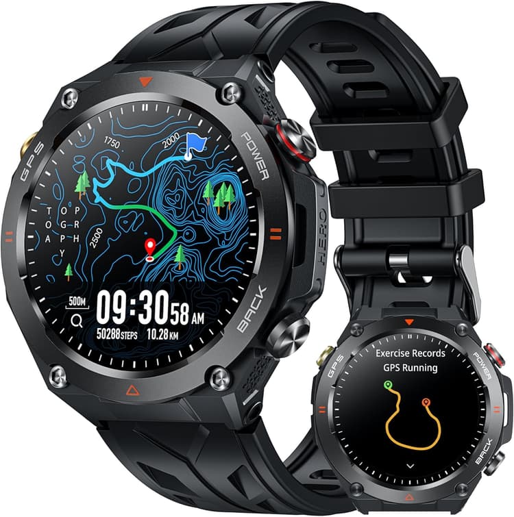 GPS Montre Connectée Homme avec Boussole: 1,45" Smartwatch Baromètre Altimètre Appel Bluetooth 650mAh Batterie Fréquence Cardiaque SpO2 Sommeil 100+ Mode Sport Étanche Fitness Tracker pour Android iOS