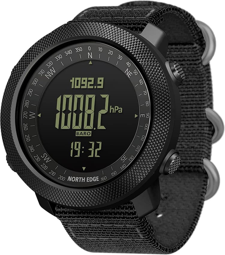North Edge Apache Tactical Sports Watches for Men Outdoor Survival Military Compass Rock Solid Digital Watches with Durable Band, Steps Tracker Pedometer Calories (Black)